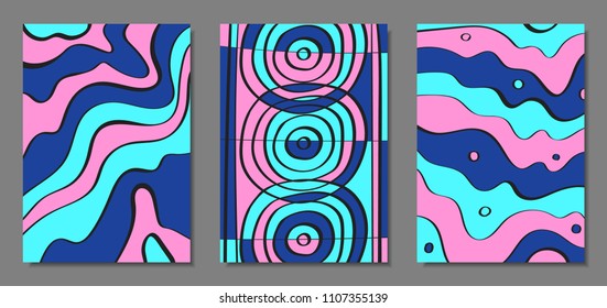 Abstract Backgrounds Set with Handwritten Wavy Lines and Ethic Elements. Bright Psychedelic Wallpaper. Vector Abstraction Applicable for Placards, Brochures, Posters, Magazine, Layout, Splash Screen.