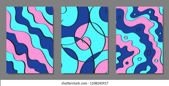 Abstract Backgrounds Set with Handwritten Wavy Lines and Ethic Elements. Bright Psychedelic Wallpaper. Vector Abstraction Applicable for Placards, Brochures, Posters, Magazine, Layout, Splash Screen.
