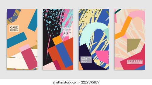 Abstract backgrounds set. Modern geometric and grunge texture, hand drawn brush strokes and doodle elements. Minimalistic design for poster, banner, cover, flyer, invitation. Trendy brochure template