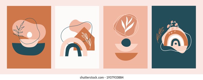 Abstract backgrounds set in modern minimalist style. Bohemian style aesthetic cards, wall posters, prints. Vector illustration in rustic colors with hand drawn shapes, leaves,rainbows.Contemporary art