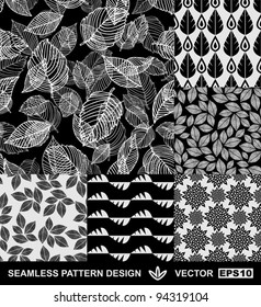 Abstract backgrounds set, monochrome vector wallpapers, black and white seamless patterns, fabrics and wrappings with graphic flowers, leafs, and geometric damask ornaments -summer, spring and autumn