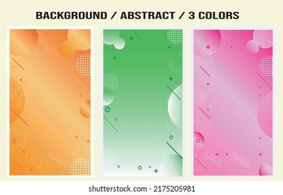 Abstract backgrounds set in orange, green and pink colors. It's all detailed with spheres and various cheerful figures. vector illustration.