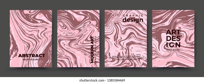 Abstract backgrounds set with pink marble texture. Marble art abstract backdrop with text space. Fluid paint mixing drawing. Modern art book, magazine cover, flyer vector mockup