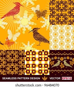 Abstract backgrounds set, seamless fashion patterns, vector wallpapers, graphic flowers, bird, sun, butterfly; fabrics, wrappings with geometric ornaments; summer, spring and autumn theme for design