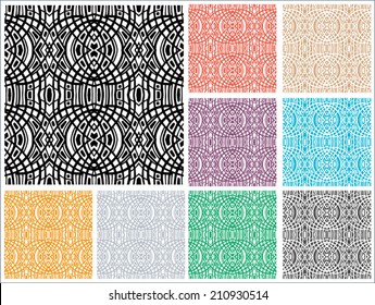 Abstract backgrounds set, seamless texture, lace pattern, tribal ethnic decoration. Geometric and floral textures for print, wallpaper, web pages, surface design, textile, fashion, cards.