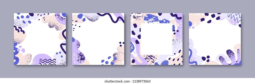 Abstract backgrounds set. Square-shaped cards with minimalistic geometric frames. Trendy modern designs, templates for social media posts with organic blobs, waves, lines. Flat vector illustrations