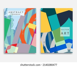 Abstract backgrounds set. Trendy modern contemporary design. Colorful geometric shapes and brush strokes. Vector illustration