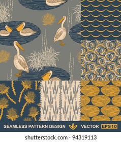 Abstract backgrounds set, vector wallpapers, seamless patterns, fabrics and wrappings with graphic flowers, birds, leafs, and geometric ornaments - summer and spring theme for decoration and design