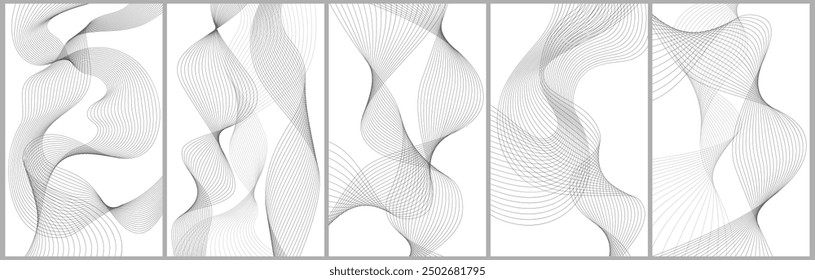 Abstract backgrounds set. Wave of many lines on white background collection. Design element for brochure, flyer, web design.
