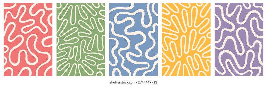 Abstract backgrounds set.Twisted lines, fluid, curved, wiggling stripes, waves vector templates. Liquid, chaotic retro maze ornaments, groovy hippie patterns collection. Doodle, uneven hand drawn wavy, organic winding distorted continuous lines stripes