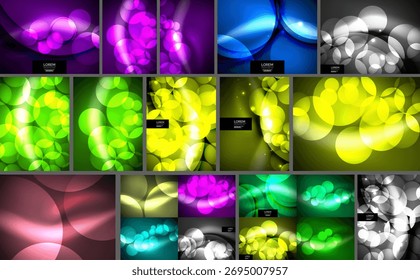 Abstract backgrounds showcase vibrant circles, gradients. Colors varypurple, green, blue, yellow, pink, gray. Modern design elements present.