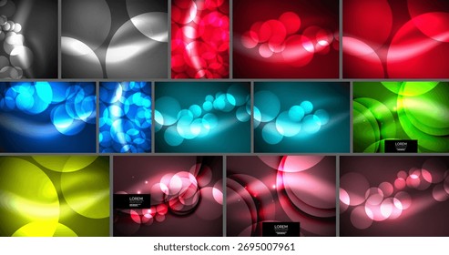 Abstract backgrounds showcase vibrant circles, gradients, light effects. Various colors create dynamic visual compositions.