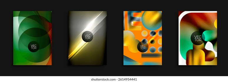 Abstract backgrounds showcase vibrant colors, geometric shapes, overlapping layers. Modern designs suitable for digital projects.