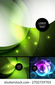 Abstract backgrounds showcase vibrant curves, glowing effects, text boxes. Designs feature green, blue, purple gradients, light sparkles.