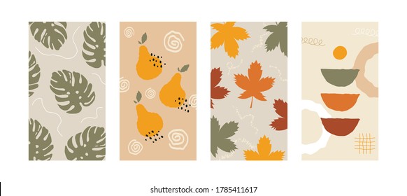 Abstract backgrounds for social media. Set of shapes autumn leaves fruits for stories, banners. Vector design for social network, poster, cover