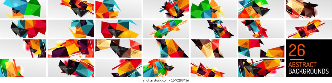 Abstract backgrounds - trendy low poly triangle shapes polygonal patterns, geometric dynamic compositions with copyspace. Vector Illustrations For Wallpaper, Banner, Background, Card, Book