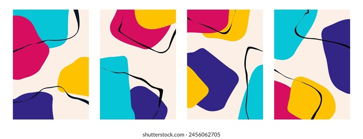 Abstract backgrounds with various curved bright colored shapes and black bent lines for creative graphic design. Vector illustration.