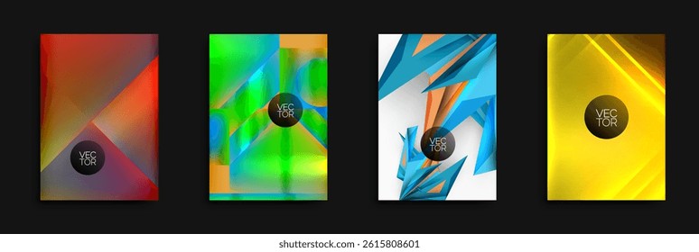 Abstract backgrounds, vibrant colors, geometric shapes. Designs feature overlapping layers, gradients, text elements. Modern, dynamic compositions.