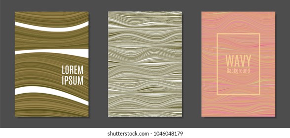 Abstract Backgrounds with Wavy Lines in Hipster Style. Trendy Covers Design for Catalog, Folder, Brochure, Poster, Magazine, Banner, Book. Covers Templates Set with Wavy Stripes Lines and Text