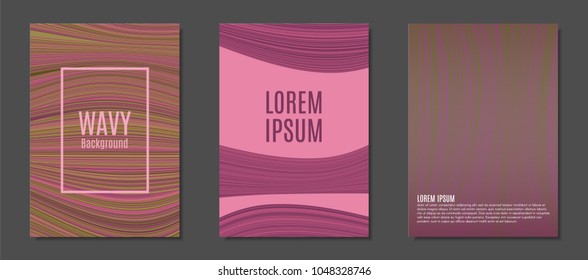 Abstract Backgrounds with Wavy Lines in Hipster Style. Trendy Covers Design for Catalog, Folder, Brochure, Poster, Magazine, Banner, Book. Covers Templates Set with Wavy Stripes Lines and Text