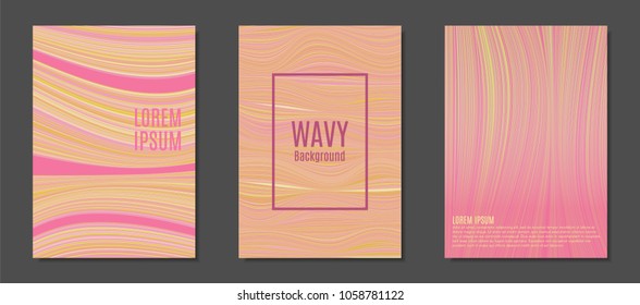 Abstract Backgrounds with Wavy Lines in Hipster Style. Trendy Covers Design for Catalog, Folder, Brochure, Poster, Magazine, Banner, Book. Covers Templates Set with Wavy Stripes Lines and Text