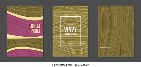 Abstract Backgrounds with Wavy Lines in Hipster Style. Trendy Covers Design for Catalog, Folder, Brochure, Poster, Magazine, Banner, Book. Covers Templates Set with Wavy Stripes Lines and Text