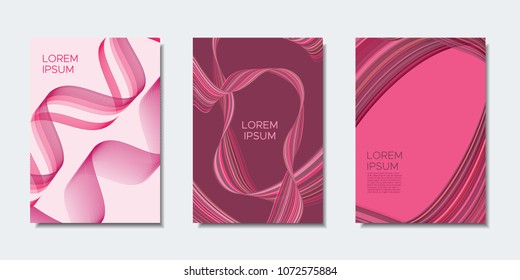 Abstract Backgrounds with Wavy Lines in Modern Style. Cover Design Templates Set with Curves Stripes and Text in Shades of Pink. Trendy Backgrounds for Brochure, Presentation, Poster, Books, Magazine.