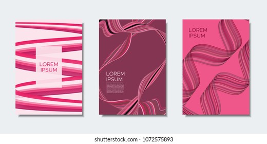 Abstract Backgrounds with Wavy Lines in Modern Style. Cover Design Templates Set with Curves Stripes and Text in Shades of Pink. Trendy Backgrounds for Brochure, Presentation, Poster, Books, Magazine.