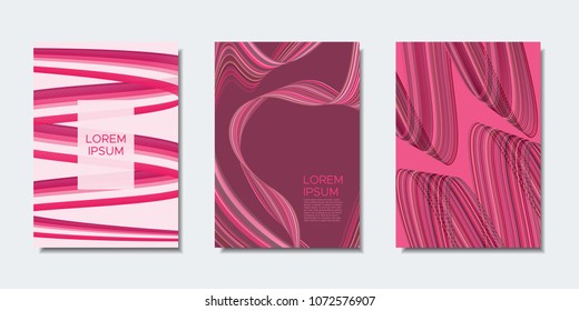 Abstract Backgrounds with Wavy Lines in Modern Style. Cover Design Templates Set with Curves Stripes and Text in Shades of Pink. Trendy Backgrounds for Brochure, Presentation, Poster, Books, Magazine.
