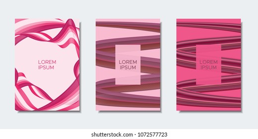 Abstract Backgrounds with Wavy Lines in Modern Style. Cover Design Templates Set with Curves Stripes and Text in Shades of Pink. Trendy Backgrounds for Brochure, Presentation, Poster, Books, Magazine.