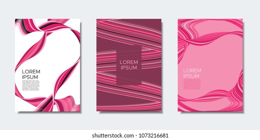 Abstract Backgrounds with Wavy Lines in Modern Style. Cover Design Templates Set with Curves Stripes and Text in Shades of Pink. Trendy Backgrounds for Brochure, Presentation, Poster, Books, Magazine.