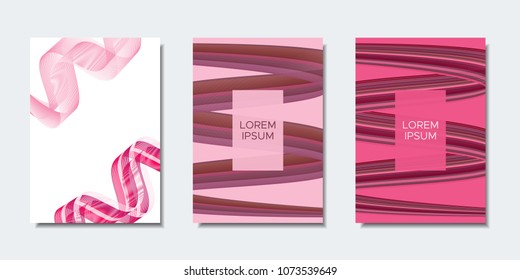 Abstract Backgrounds with Wavy Lines in Modern Style. Cover Design Templates Set with Curves Stripes and Text in Shades of Pink. Trendy Backgrounds for Brochure, Presentation, Poster, Books, Magazine.