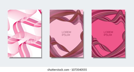 Abstract Backgrounds with Wavy Lines in Modern Style. Cover Design Templates Set with Curves Stripes and Text in Shades of Pink. Trendy Backgrounds for Brochure, Presentation, Poster, Books, Magazine.