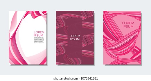 Abstract Backgrounds with Wavy Lines in Modern Style. Cover Design Templates Set with Curves Stripes and Text in Shades of Pink. Trendy Backgrounds for Brochure, Presentation, Poster, Books, Magazine.