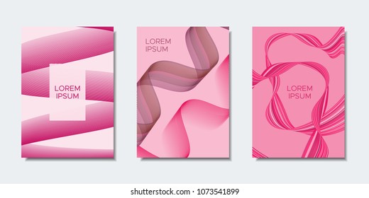 Abstract Backgrounds with Wavy Lines in Modern Style. Cover Design Templates Set with Curves Stripes and Text in Shades of Pink. Trendy Backgrounds for Brochure, Presentation, Poster, Books, Magazine.