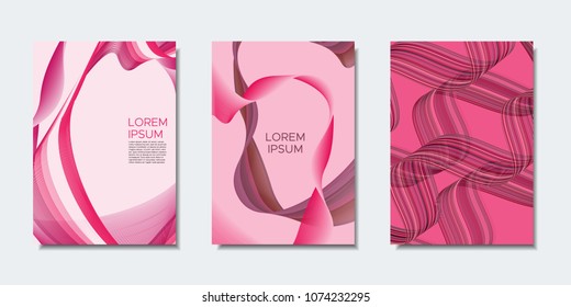 Abstract Backgrounds with Wavy Lines in Modern Style. Cover Design Templates Set with Curves Stripes and Text in Shades of Pink. Trendy Backgrounds for Brochure, Presentation, Poster, Books, Magazine.
