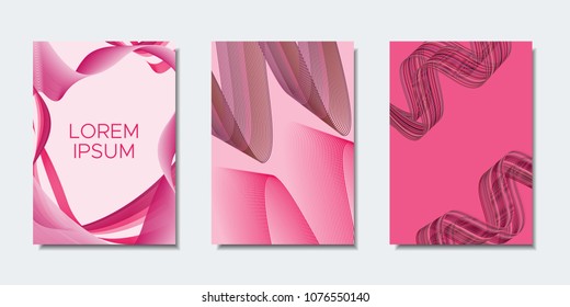 Abstract Backgrounds with Wavy Lines in Modern Style. Cover Design Templates Set with Curves Stripes and Text in Shades of Pink. Trendy Backgrounds for Brochure, Presentation, Poster, Books, Magazine.