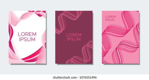 Abstract Backgrounds with Wavy Lines in Modern Style. Cover Design Templates Set with Curves Stripes and Text in Shades of Pink. Trendy Backgrounds for Brochure, Presentation, Poster, Books, Magazine.