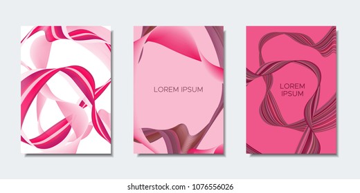 Abstract Backgrounds with Wavy Lines in Modern Style. Cover Design Templates Set with Curves Stripes and Text in Shades of Pink. Trendy Backgrounds for Brochure, Presentation, Poster, Books, Magazine.