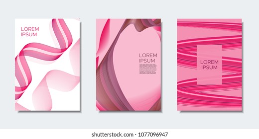 Abstract Backgrounds with Wavy Lines in Modern Style. Cover Design Templates Set with Curves Stripes and Text in Shades of Pink. Trendy Backgrounds for Brochure, Presentation, Poster, Books, Magazine.