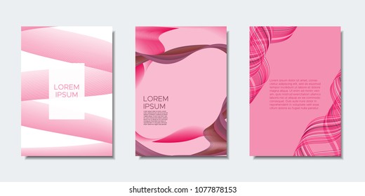 Abstract Backgrounds with Wavy Lines in Modern Style. Cover Design Templates Set with Curves Stripes and Text in Shades of Pink. Trendy Backgrounds for Brochure, Presentation, Poster, Books, Magazine.