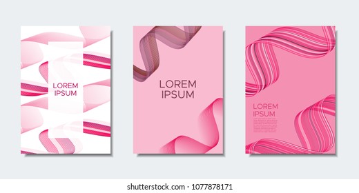 Abstract Backgrounds with Wavy Lines in Modern Style. Cover Design Templates Set with Curves Stripes and Text in Shades of Pink. Trendy Backgrounds for Brochure, Presentation, Poster, Books, Magazine.