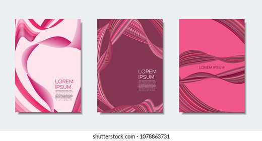 Abstract Backgrounds with Wavy Lines in Modern Style. Cover Design Templates Set with Curves Stripes and Text in Shades of Pink. Trendy Backgrounds for Brochure, Presentation, Poster, Books, Magazine.