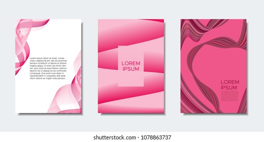 Abstract Backgrounds with Wavy Lines in Modern Style. Cover Design Templates Set with Curves Stripes and Text in Shades of Pink. Trendy Backgrounds for Brochure, Presentation, Poster, Books, Magazine.