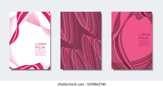 Abstract Backgrounds with Wavy Lines in Modern Style. Cover Design Templates Set with Curves Stripes and Text in Shades of Pink. Trendy Backgrounds for Brochure, Presentation, Poster, Books, Magazine.