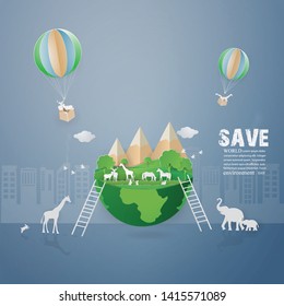 Abstract background,SAVE World environment and Animalls Wildlife concept with The animals travel from pollution to the green world in green background.paper craft style vector and illustration