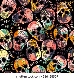 Abstract background.Skulls with  grunge ornament.Halloween.Seamless abstract pattern with dashed lines. Vector illustration.