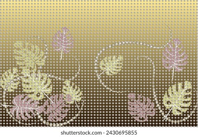 Fondo abstracto.Fondo de pantalla para un teléfono inteligente o tableta como fondo. Hojas de Monstera, hilos de perlas sobre un fondo de bronce. Diseño del volante, fondo de la publicidad, tela, ropa, textura, 