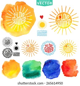 Abstract background.Watercolor stains,splash and typography title I love summer,sun burst. Easy to make new logo,painting artistic design. Vector illustration, hand drawing art,Design template