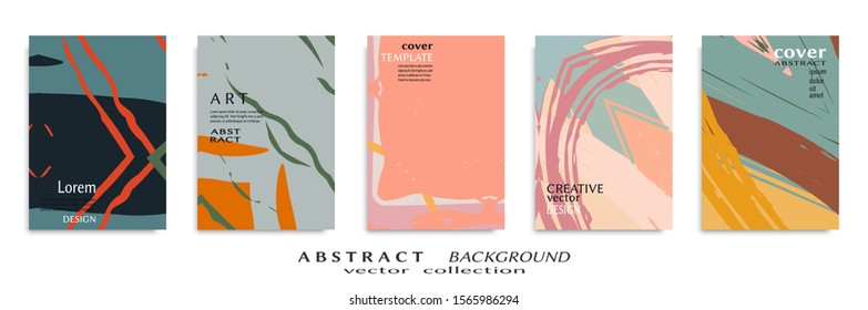 Abstract backgrouns set, grunge texture. Minimalistic art, brush strokes style. Design for card, brochure, banner idea, book cover, booklet print, flyer sheet a4. Collage page, web header template.